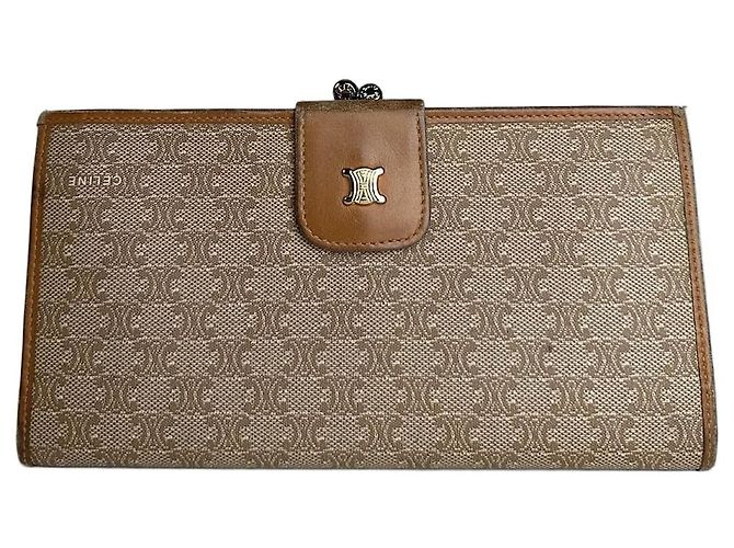 Céline Vintage Celine Paris Triomphe Monogram Leather Wallet Beige Brown