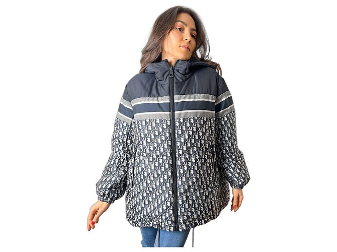 Dior Quilted Jacket Long Polyester Reversible Oblique Ready to Wear S Blue