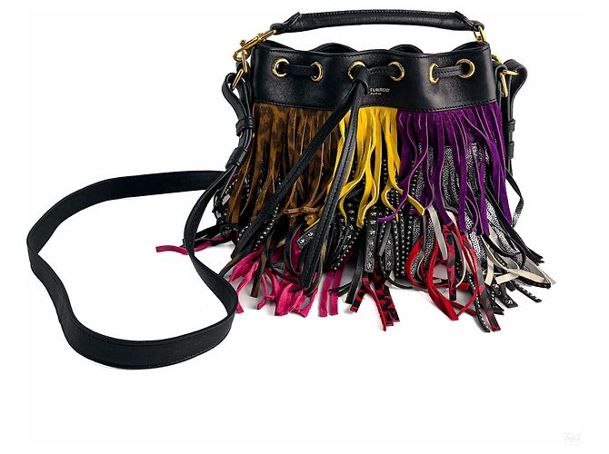 Saint Laurent Emmanuelle Bag Small Leather Fringe Bucket Crossbody Multicolour Black