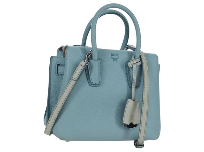 Bolsa MCM de couro 2 em 1 azul claro prata Auth BA11118V