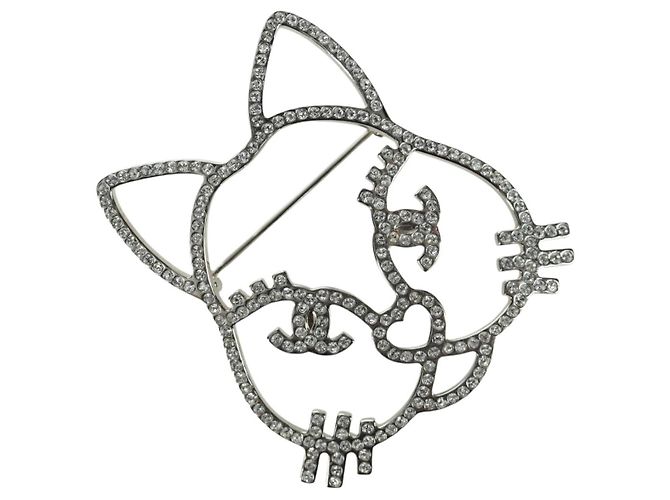 Spilla Gatto CHANEL metallo Argento CC Auth ARZ169M
