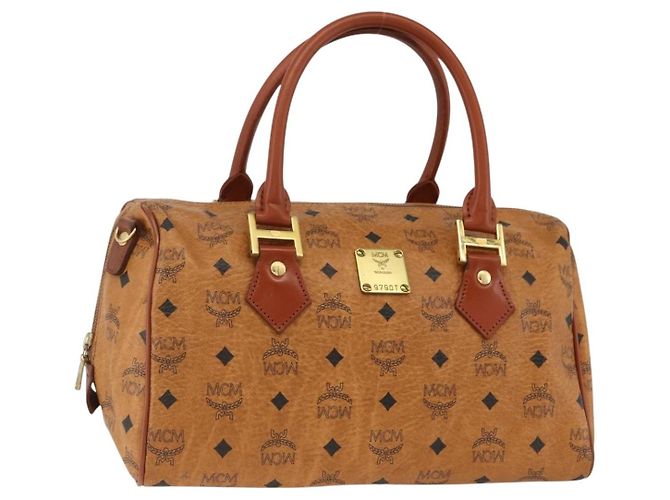 MCM Vicetos Logogram Bolsa de Mão em Couro PVC Marrom Dourado Auth bs33817
