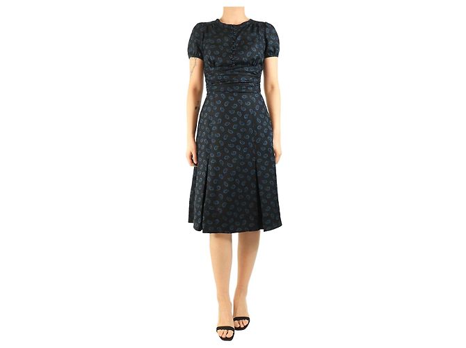 Marc Jacobs Abito midi in seta stampata nero e blu - taglia UK 8