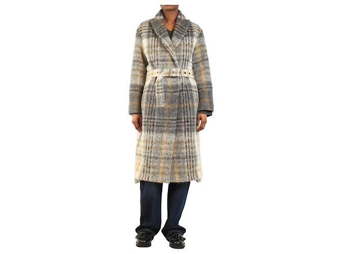 Brunello Cucinelli Grey alpaca blend check coat - size UK 6