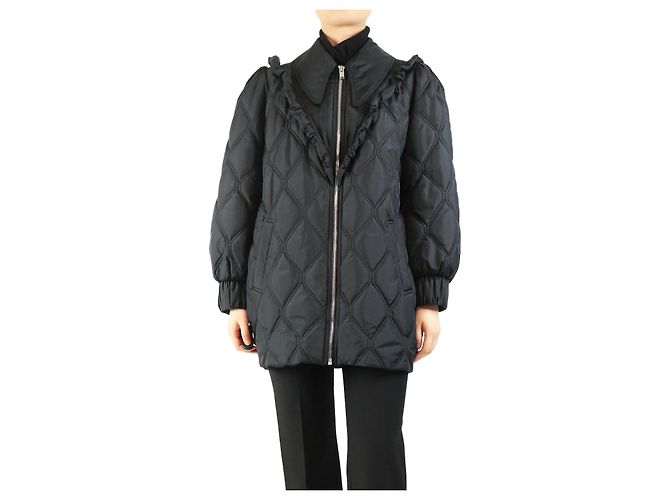 Ganni Black quilted frill jacket - size UK 10