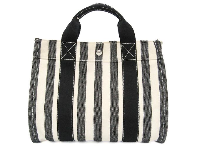 Hermès Cannes PM Canvas Tote Bag Schwarz Aus weiß
