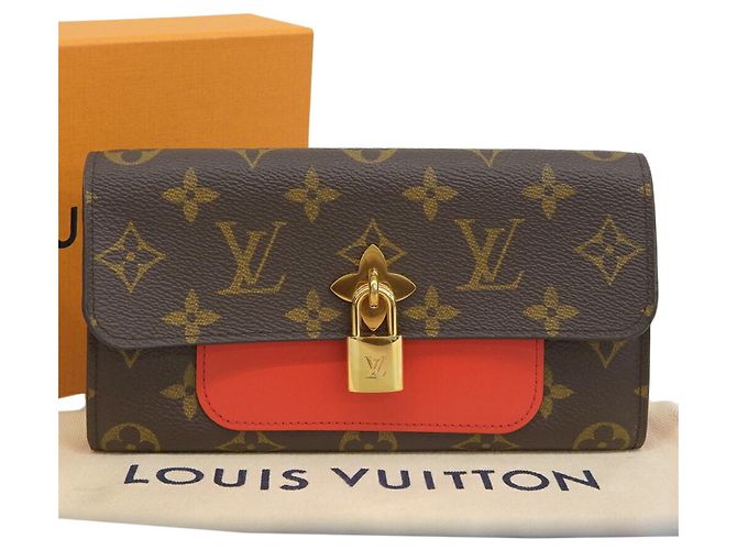 Louis Vuitton Monogramm Blumen Lange Geldbörse Braun Rot