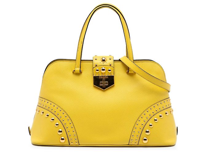 Bolsa Promenade em couro Saffiano amarelo com studs da Prada