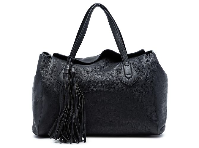 Sac à main à franges en cuir noir texturé Gucci