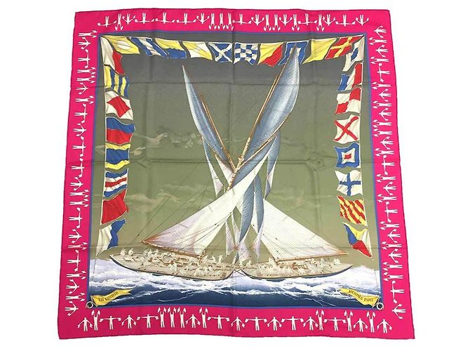 Lenço Hermès Carré 90 com padrão de iate Rosa Multicor