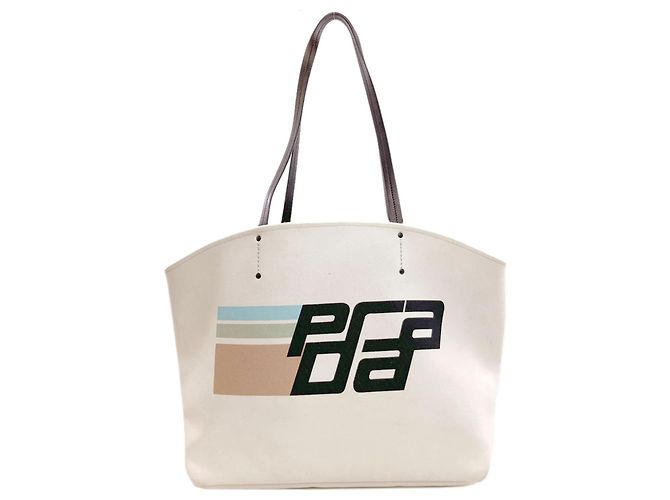 Prada Logo Tote Bag Canvas Weiß Grün Hellblau