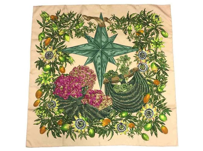 Sciarpa Hermès Carré 90 - Design Passiflores Rosa Beige Verde