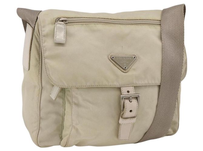 PRADA Shoulder Bag Nylon Beige Silver Auth bs33739 Silvery