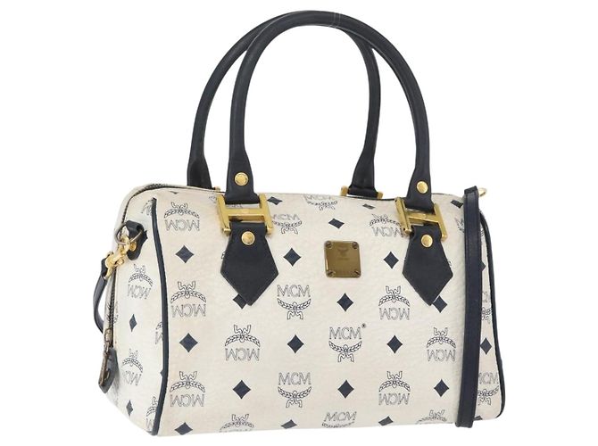 Bolsa Boston MCM Vicetos Logogram em couro PVC 2 em 1 Branco Dourado Auth hk3541