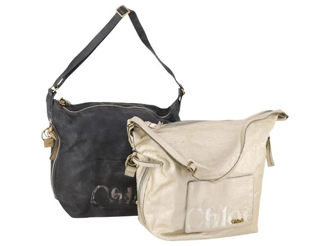 Chloé Borsa a Spalla Chloe in Pelle Nylon 2 Set Nero Oro Auth bs33358 D'oro