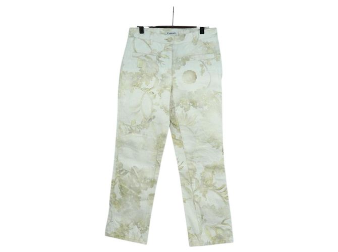 Pantalones de denim botánico CHANEL de algodón blanco CC Auth 158566M