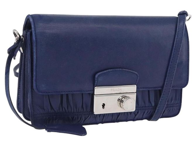 Prada Bolsa de Ombro de Couro Azul Prata Auth bs33613