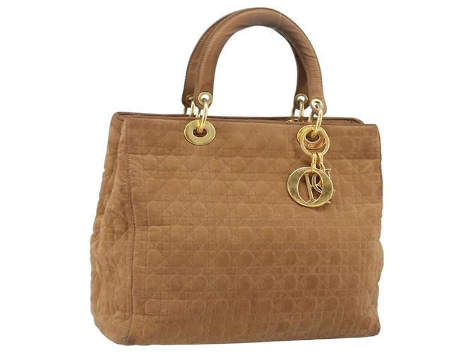 Christian Dior Bolsa Lady Dior Canage em nylon marrom e dourado Auth bs33840