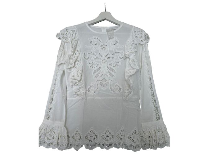 Anne Fontaine Blusa bianca in cotone con ricami e volant Bianco