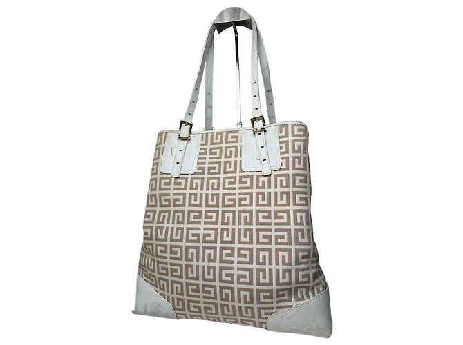 Vintage Givenchy Monogramm Leder-Canvas-Tasche Weiß Gold