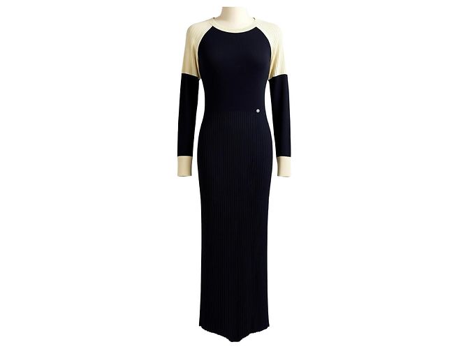 CHANEL 2019 MAXI SCHWARZ CREME WOLLE KLEID GRÖSSE FR 44 Weiß Roh