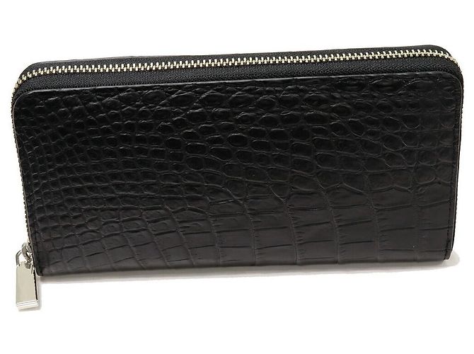 Autre Marque Matte Krokodil Lang-Zip Geldbörse mit Münzfach Schwarz Bordeaux