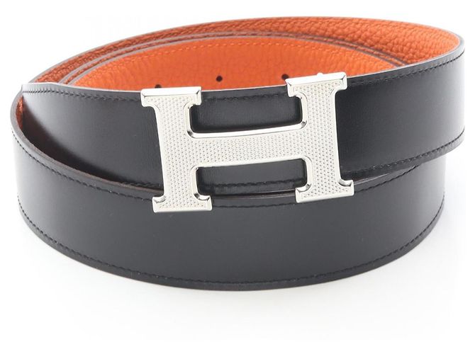 Ceinture H Guilloché Constance d'Hermès Noir Orange