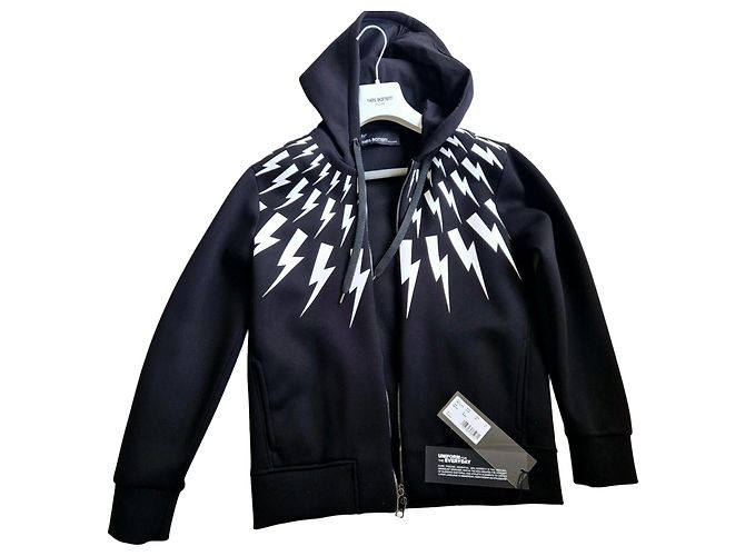 Schwarzer Zip-Hoodie von Neil Barrett mit weißen Blitzen