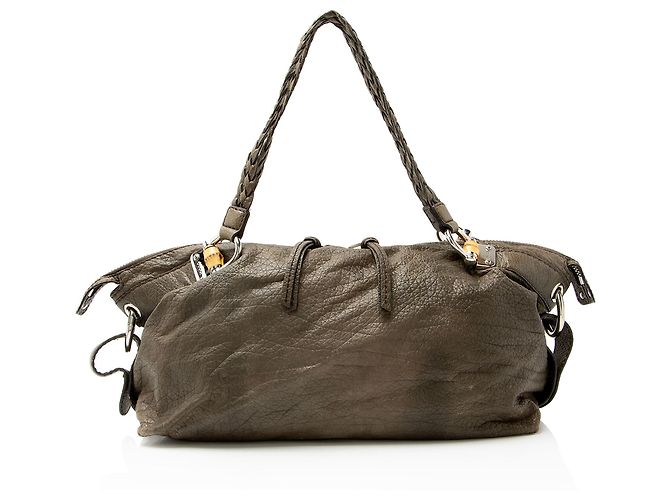 Gucci Leder Bamboo Bar Medium Tote Grau