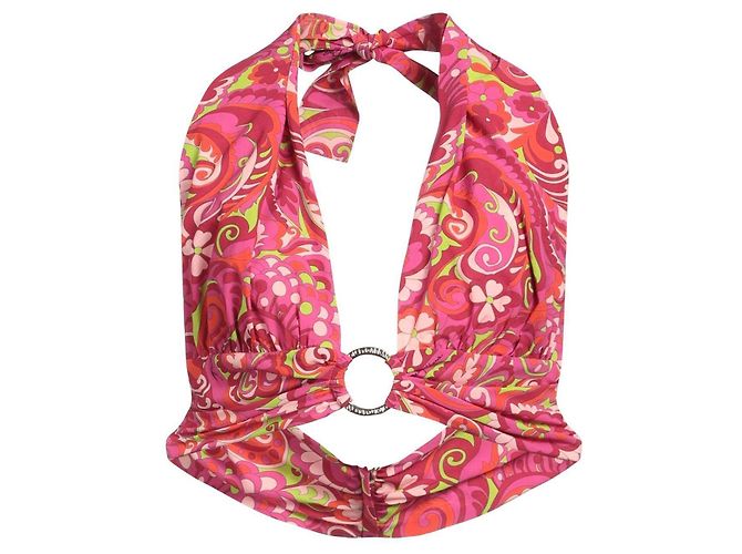 Top Halter de Seda Impresa Dolce & Gabbana Rosa Roja Verde Naranja