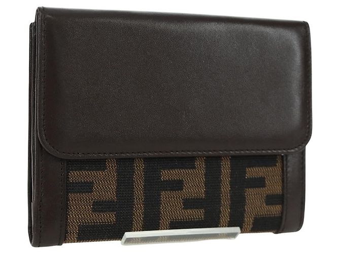FENDI Zucca Canvas Trifold Wallet Black Brown Auth am11005V