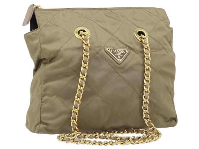 Borsa a Spalla con Catena Prada in Nylon Beige Oro Auth bs34053 D'oro