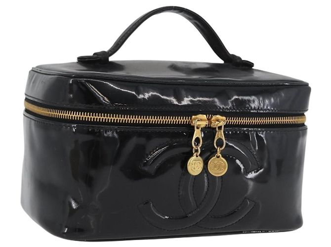 CHANEL COCO Marca Borsa Vanity in Pelle Lucida 2in1 Nera Oro CC Auth ARZ446 Nero D'oro