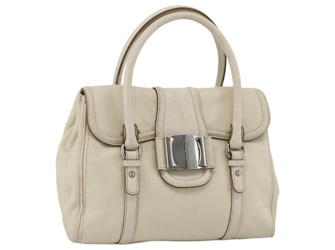 Borsa a mano in pelle bianca e argento Salvatore Ferragamo Auth BSZ241 Bianco