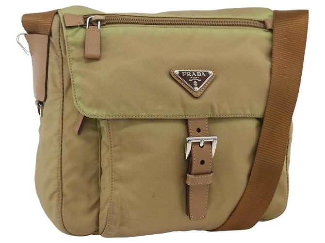 PRADA Schultertasche Nylon Beige Silber Authentisch ARZ282