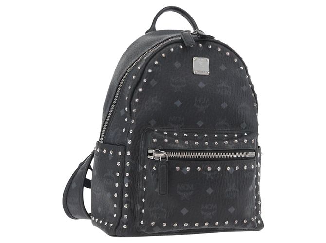 MCM Logogram Vicetos Studs Rucksack aus PVC-Leder Schwarz Auth kk619