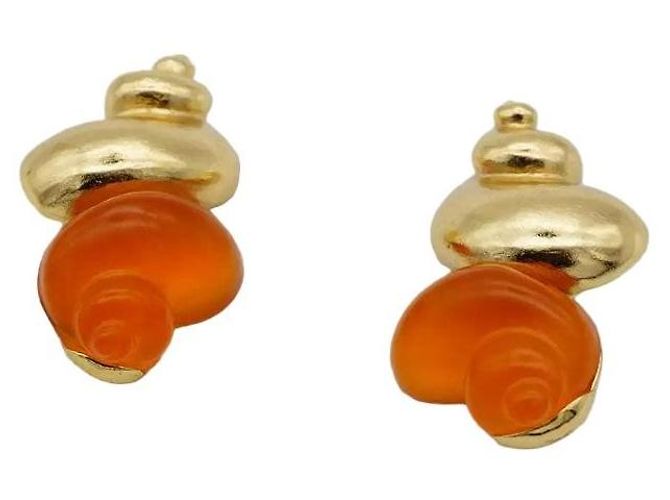 Orecchini Christian Dior Conchiglia Resina Arancione e Oro Multicolore