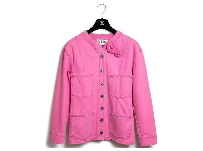 Chaqueta de camelia de denim neón rosa Chanel 21S icónica FR 36 Hardware de plata