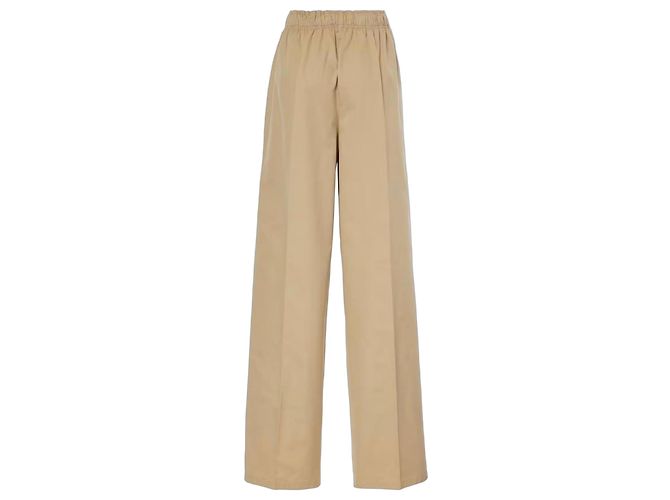 Calça larga de algodão bege com placa de logo Prada