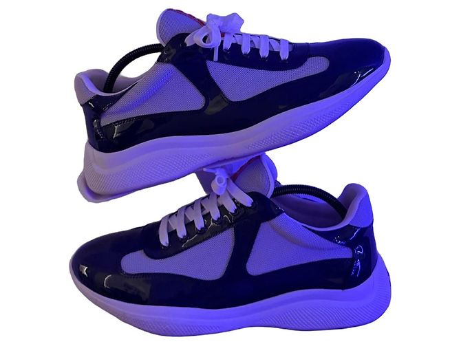 Prada Sneakers White and Dark Blue Leather and Nylon