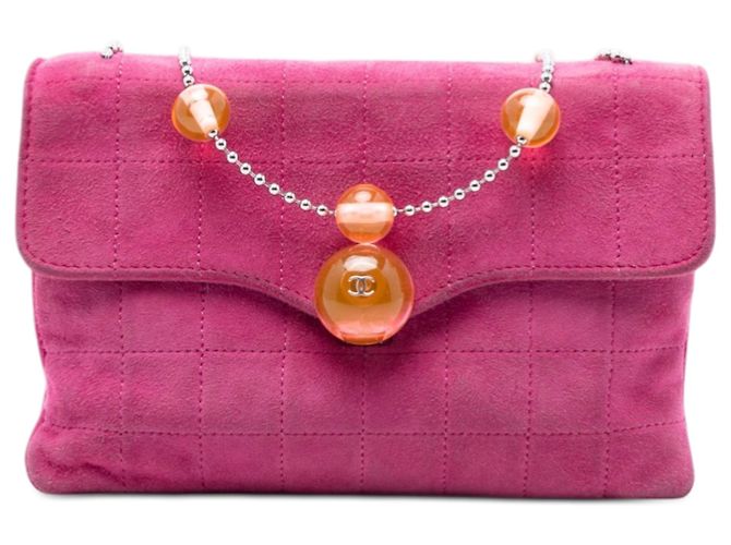 Chanel Rosa CC Choco Bar Camurça Corrente de Pérolas Flap
