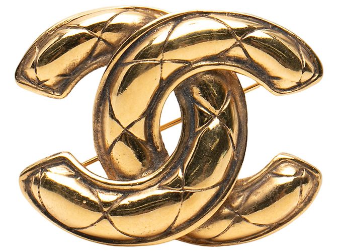 Chanel Gold Gold Plated CC Quilted Brooch Golden