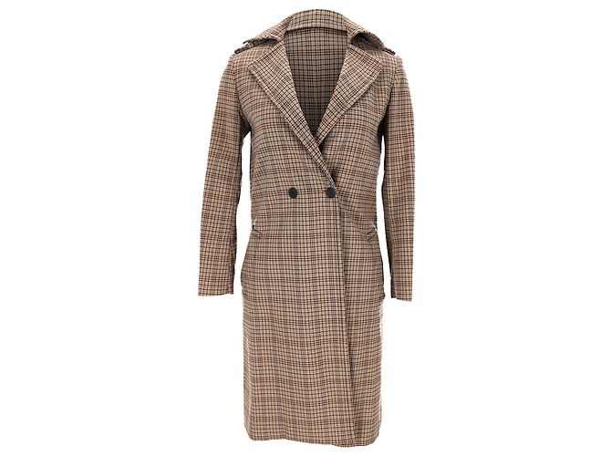 Sandro Plaid Double-Breasted Coat in Beige Polyester