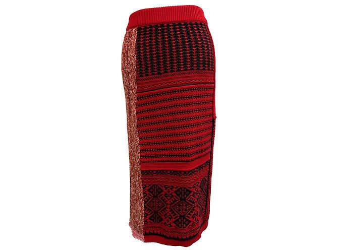 Burberry Tweed Pattern Midi Length Skirt in Red Wool