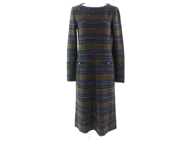 Timeless Chanel COCO Button Paillettenrand-Muster Cashmere-Kleid Grün