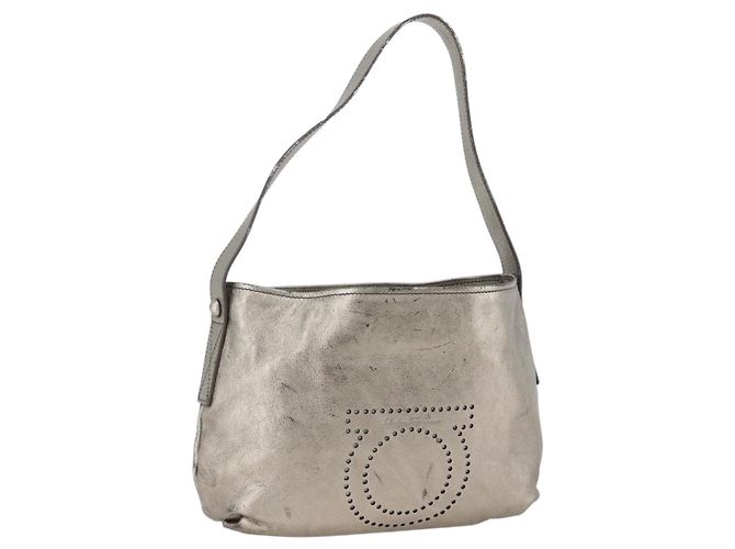 Bolsa de Ombro de Couro Salvatore Ferragamo Prata Auth BA11441
