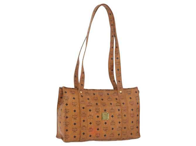 Bolsa Tote Vicetos Logogram MCM em PVC Marrom Dourado Auth BA10957