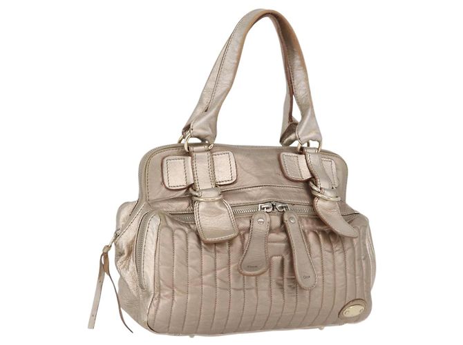 Chloé Bolsa de Mão Chloe em Couro Bege Dourado Auth 174575