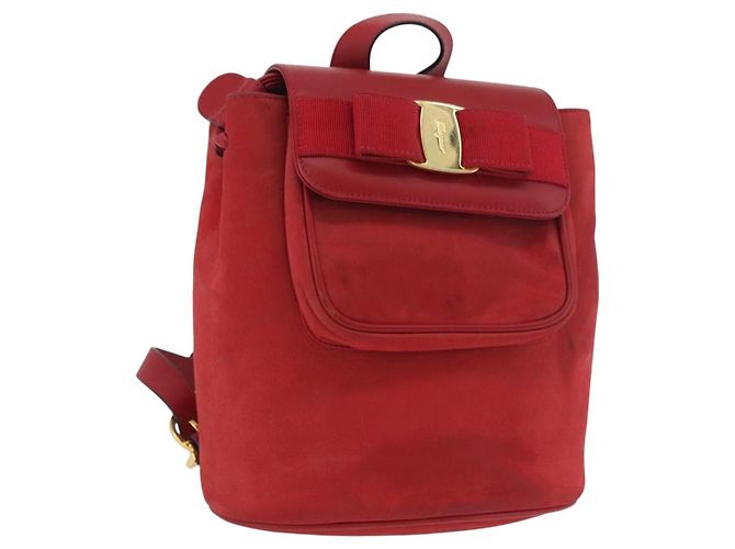 Salvatore Ferragamo Vala Backpack Suede Red Gold Auth BA11218