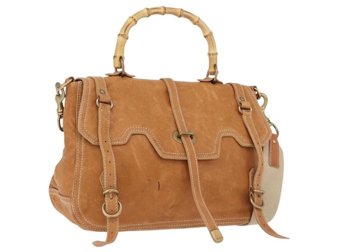 Bolsa de mão em couro Miu Miu Bamboo 2 em 1 Marrom Dourado Auth 174060A
